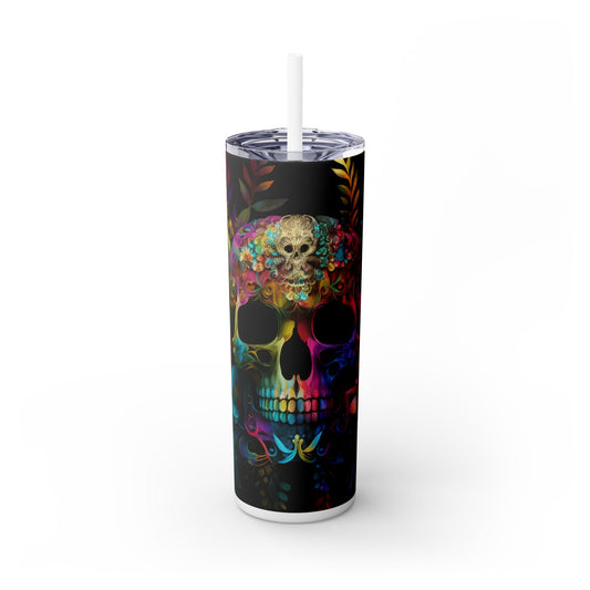 Skull Skinny Tumbler, Colorful 20oz Cup with Straw for Gothic Halloween Decor, Alternative Gift Mug, Day of the Dead Accessories, Bright