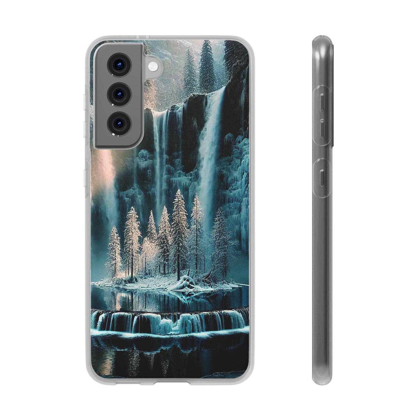 Flexi Cases - Winter Reflection Waterfall Nature Phone Cover, Snowy Landscape Soft Silicone Protective Case, Holiday Gift for Nature Lovers,