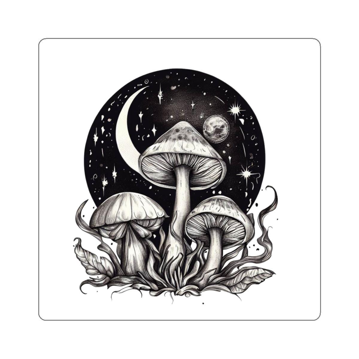 Three Moon Mushrooms Kiss-Cut Stickers, Lunar Fungi Decals, Celestial Plant Stickers, Space Theme Laptop Stickers, Outdoor Recreation Gear