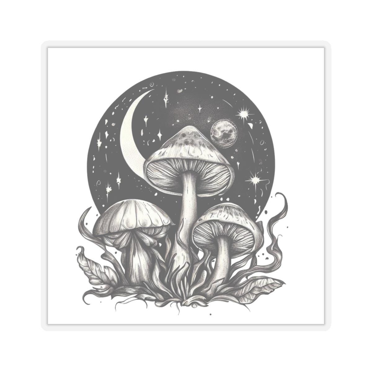 Three Moon Mushrooms Kiss-Cut Stickers, Lunar Fungi Decals, Celestial Plant Stickers, Space Theme Laptop Stickers, Outdoor Recreation Gear