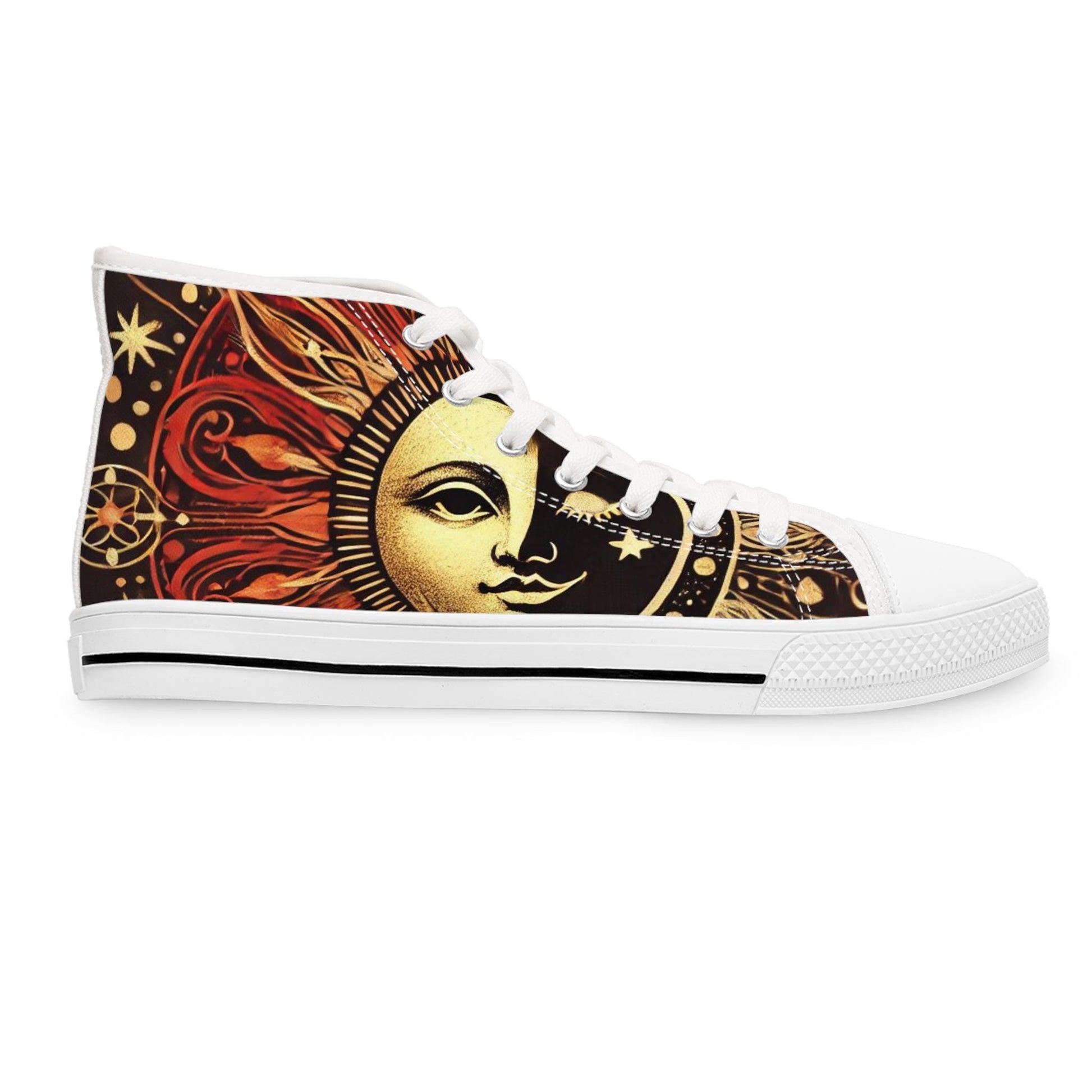 High Top Sneakers, Sun and Moon Mystical Design, Celestial Women's Shoes, Lunar Graphic Sneaker, Cosmic Fashion Footwear