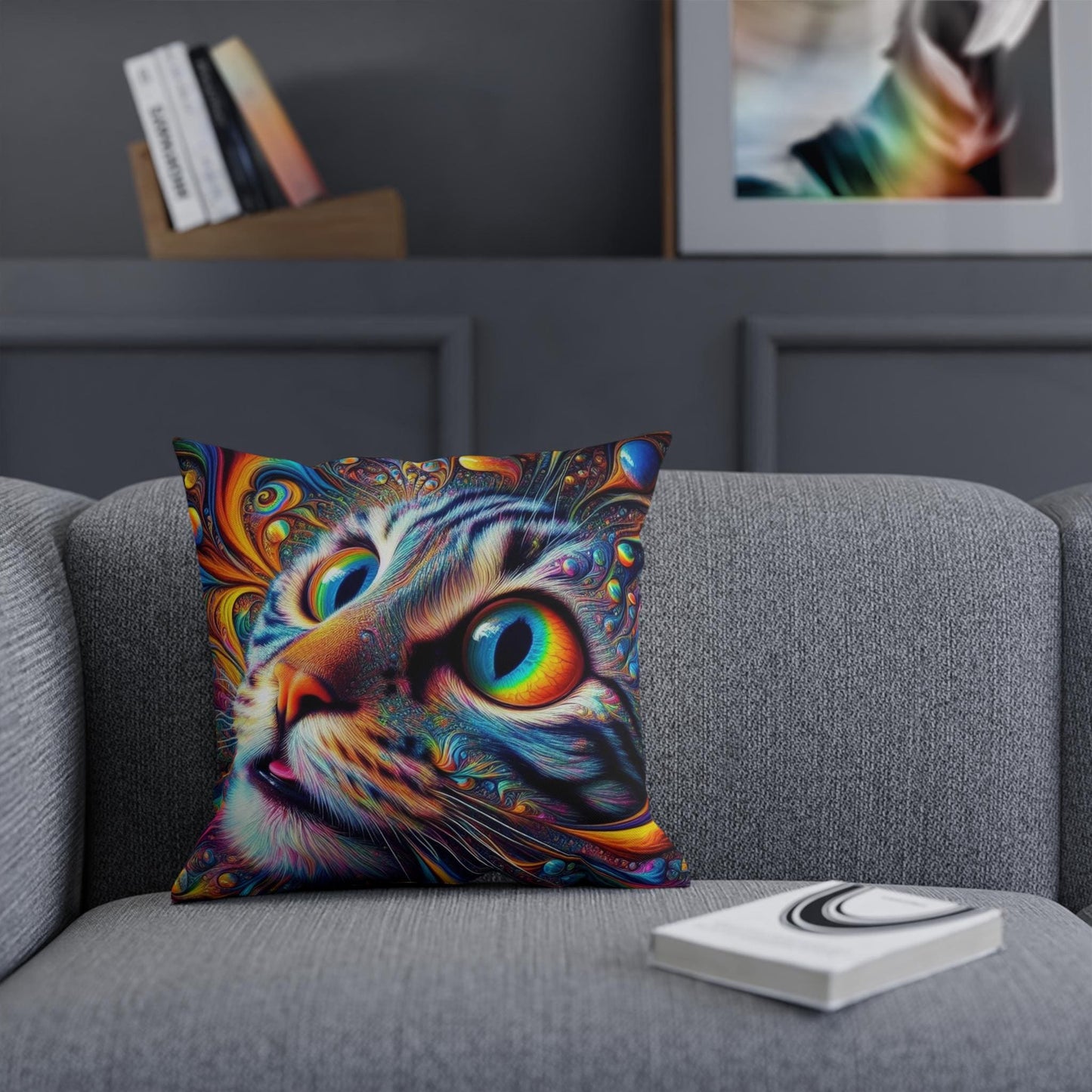 Cushion, Spacey Trippy Cat Pillow, Psychedelic Cat Decor, Unique Cat Cushion, Colorful Cat Pillow Cover, Cat Lover Gift