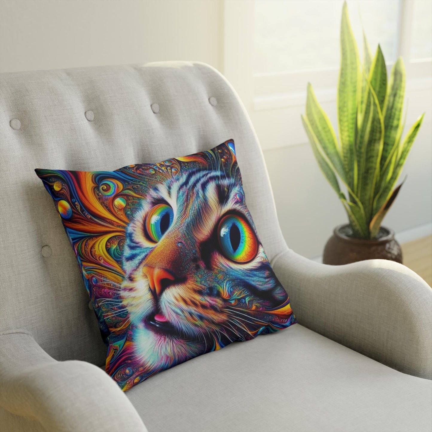 Cushion, Spacey Trippy Cat Pillow, Psychedelic Cat Decor, Unique Cat Cushion, Colorful Cat Pillow Cover, Cat Lover Gift