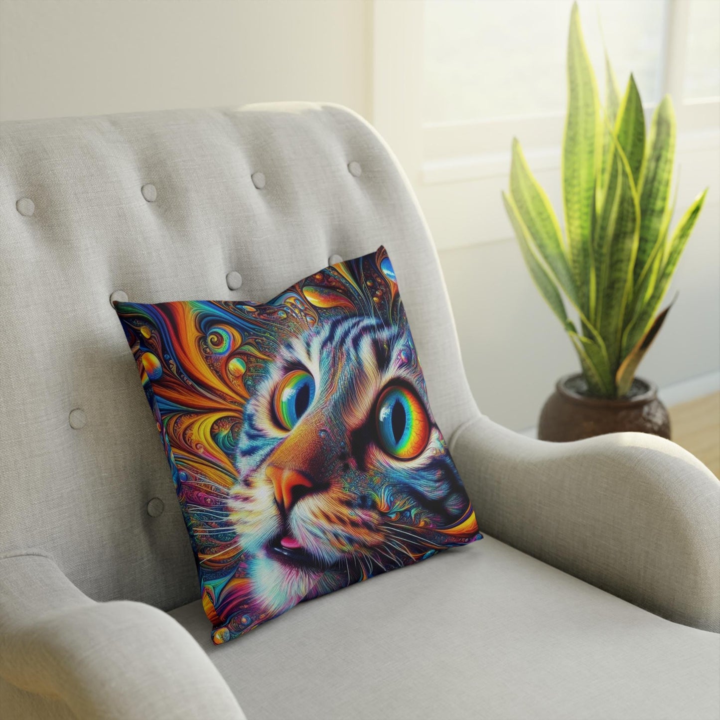 Cushion, Spacey Trippy Cat Pillow, Psychedelic Cat Decor, Unique Cat Cushion, Colorful Cat Pillow Cover, Cat Lover Gift