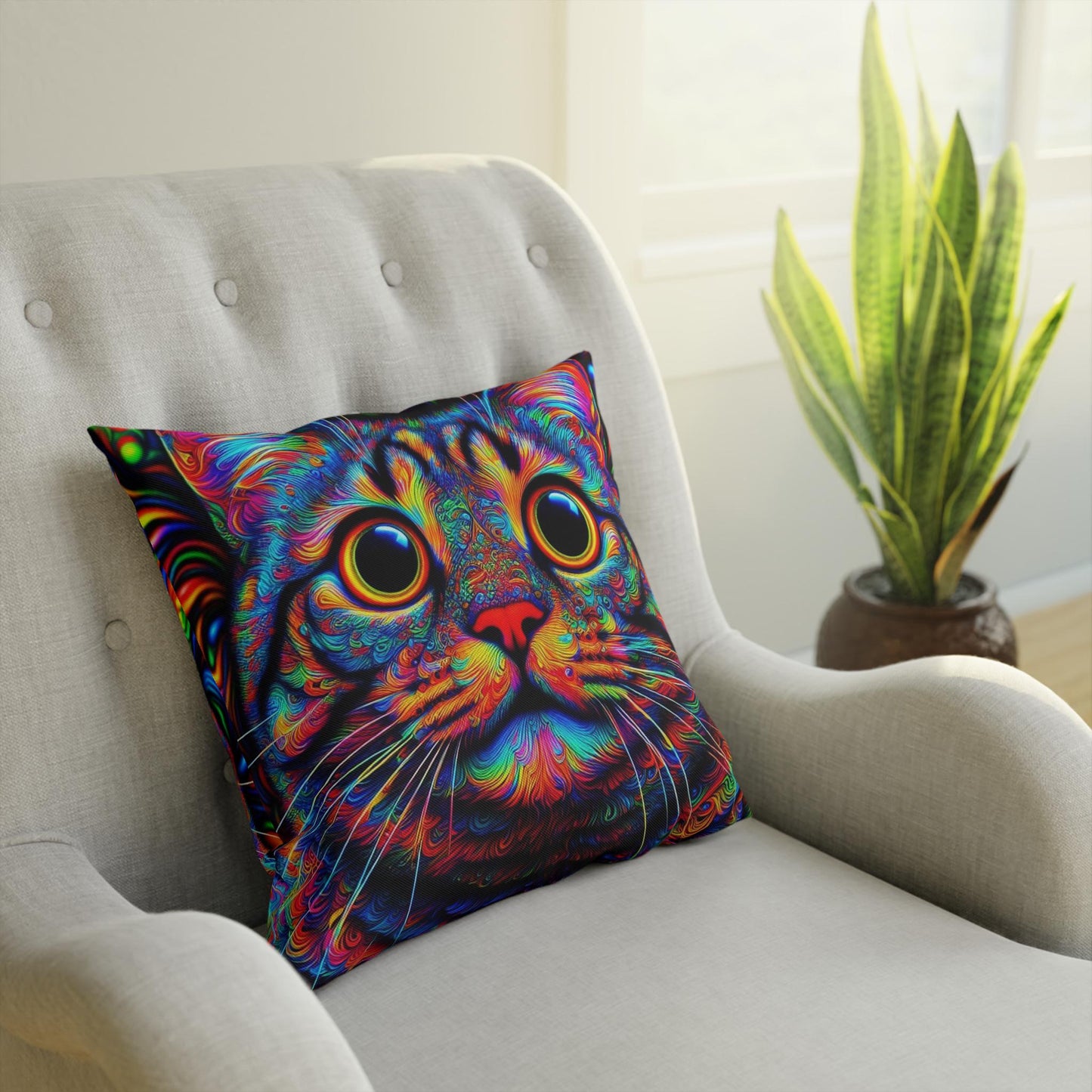 Psychedelic Cat Print Pillow, Colorful Throw Cushion, Cat Lover Decor, Boho Cat Pillow, Unique Kitty Gift