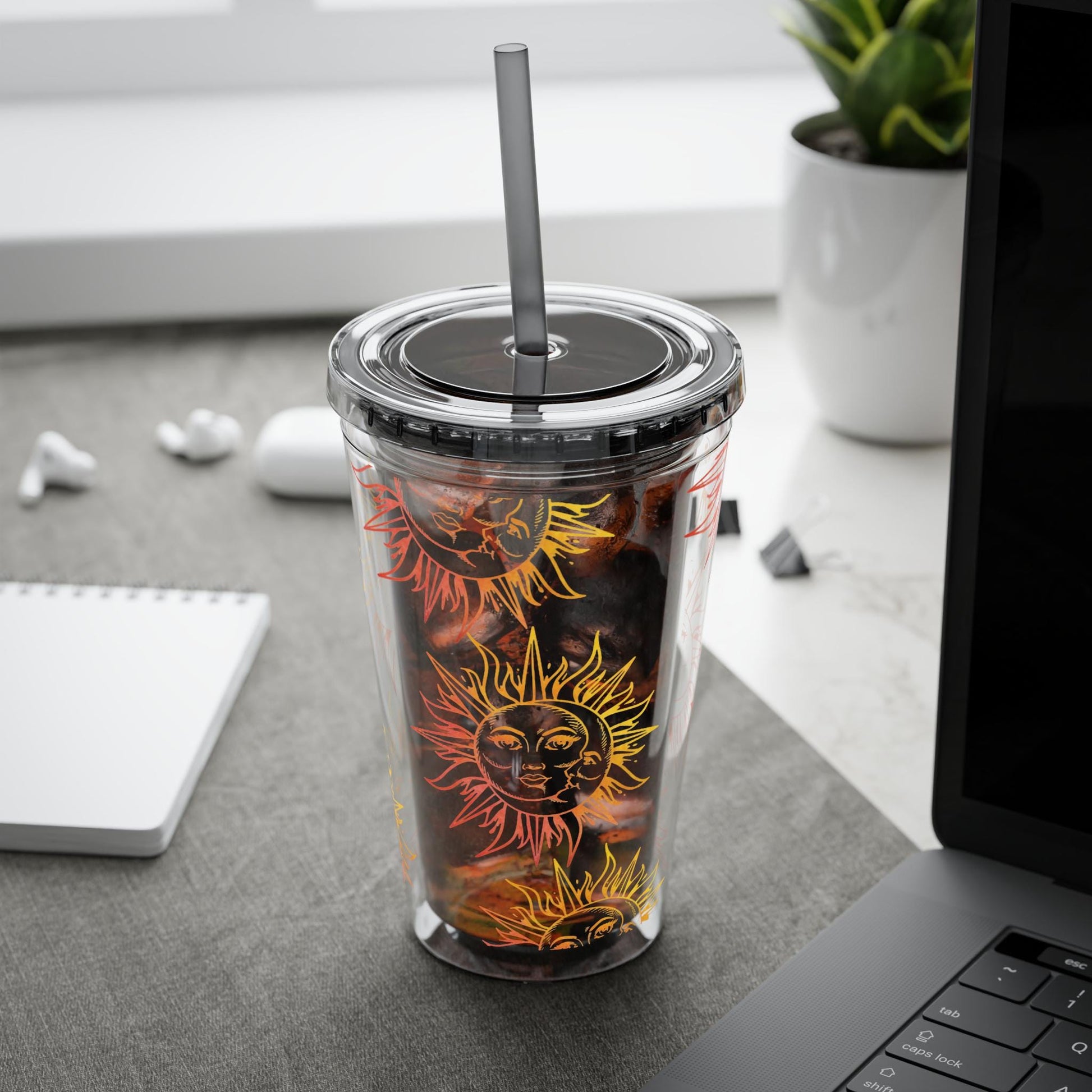 Sun and Moon Design - Travel Cup, Reusable Water Bottle, Eco-Friendly Mug, Gift for Nature Lovers, BPA Free Straw Cup