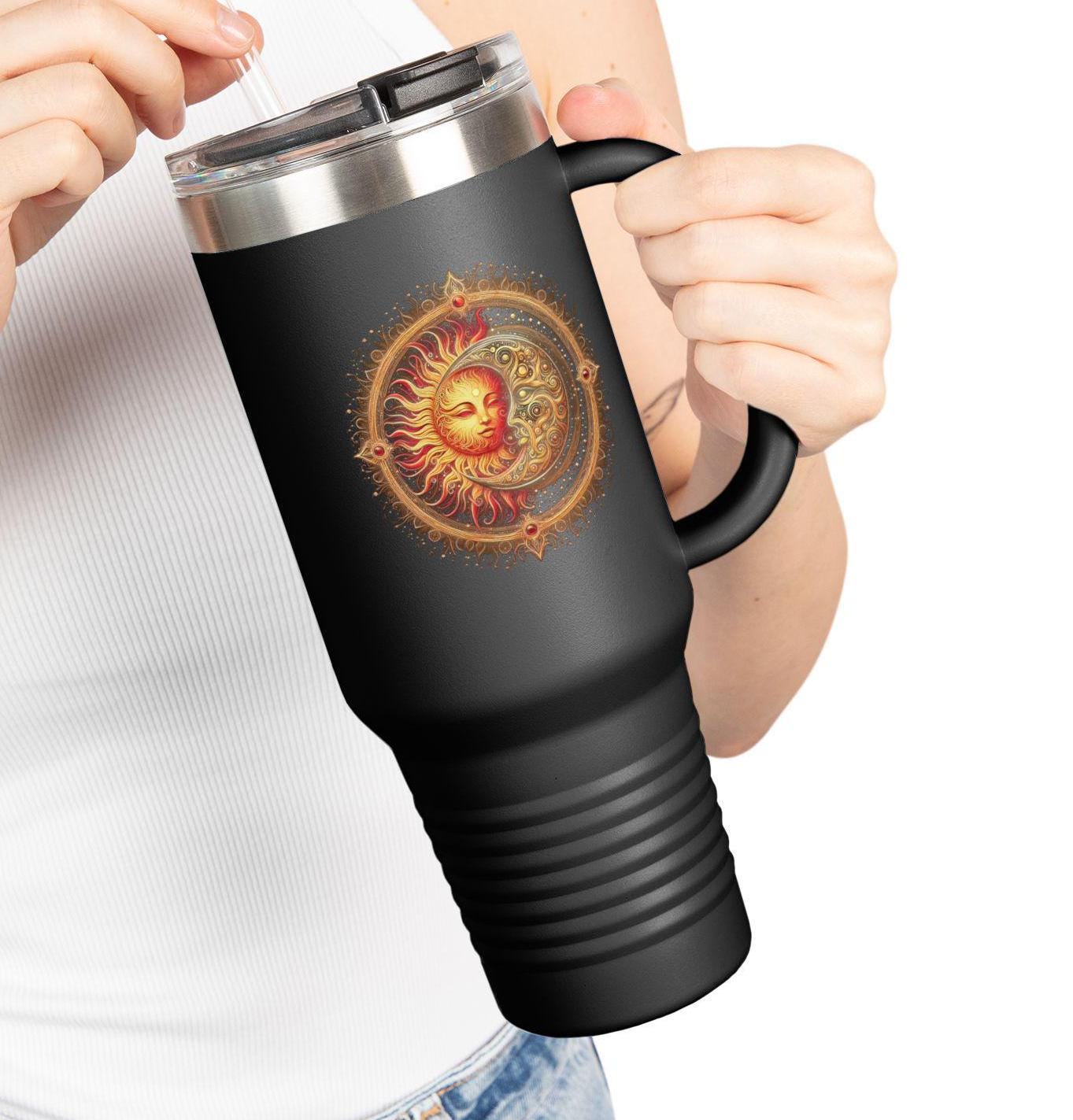 Vibrant Sun & Moon 40oz Metal Tumbler with handle