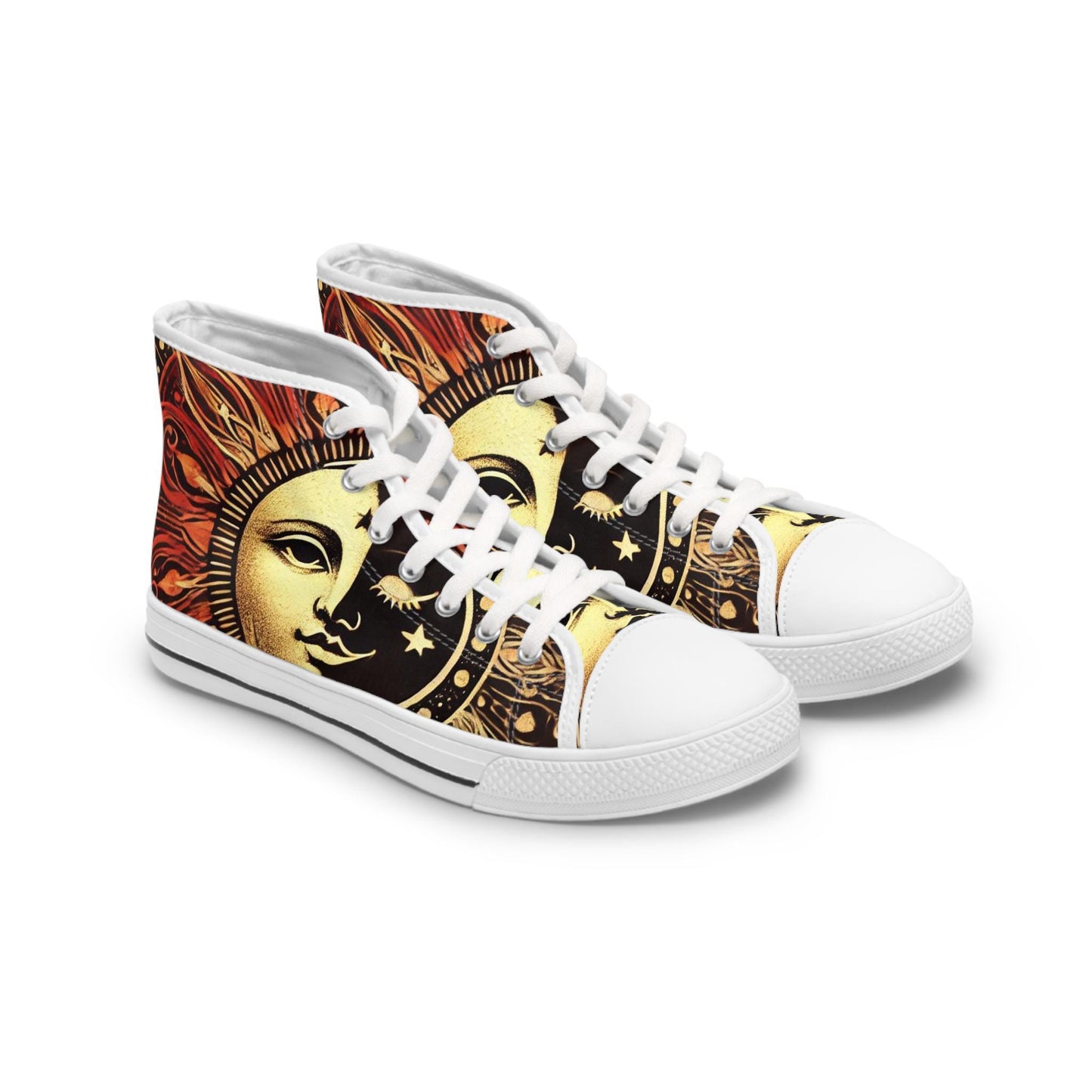 High Top Sneakers, Sun and Moon Mystical Design, Celestial Women's Shoes, Lunar Graphic Sneaker, Cosmic Fashion Footwear