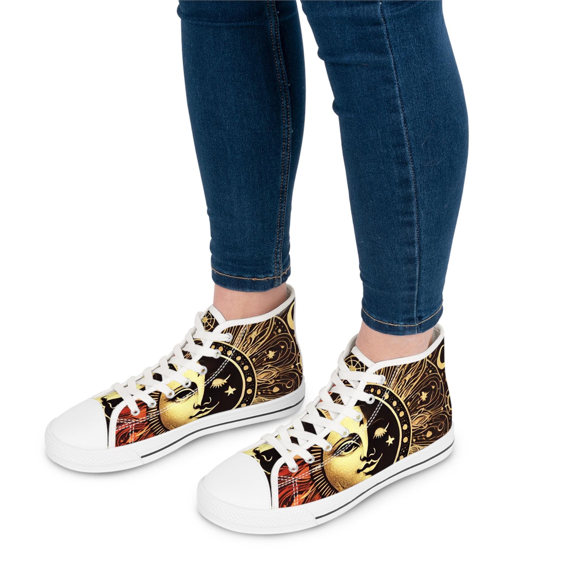 High Top Sneakers, Sun and Moon Mystical Design, Celestial Women's Shoes, Lunar Graphic Sneaker, Cosmic Fashion Footwear