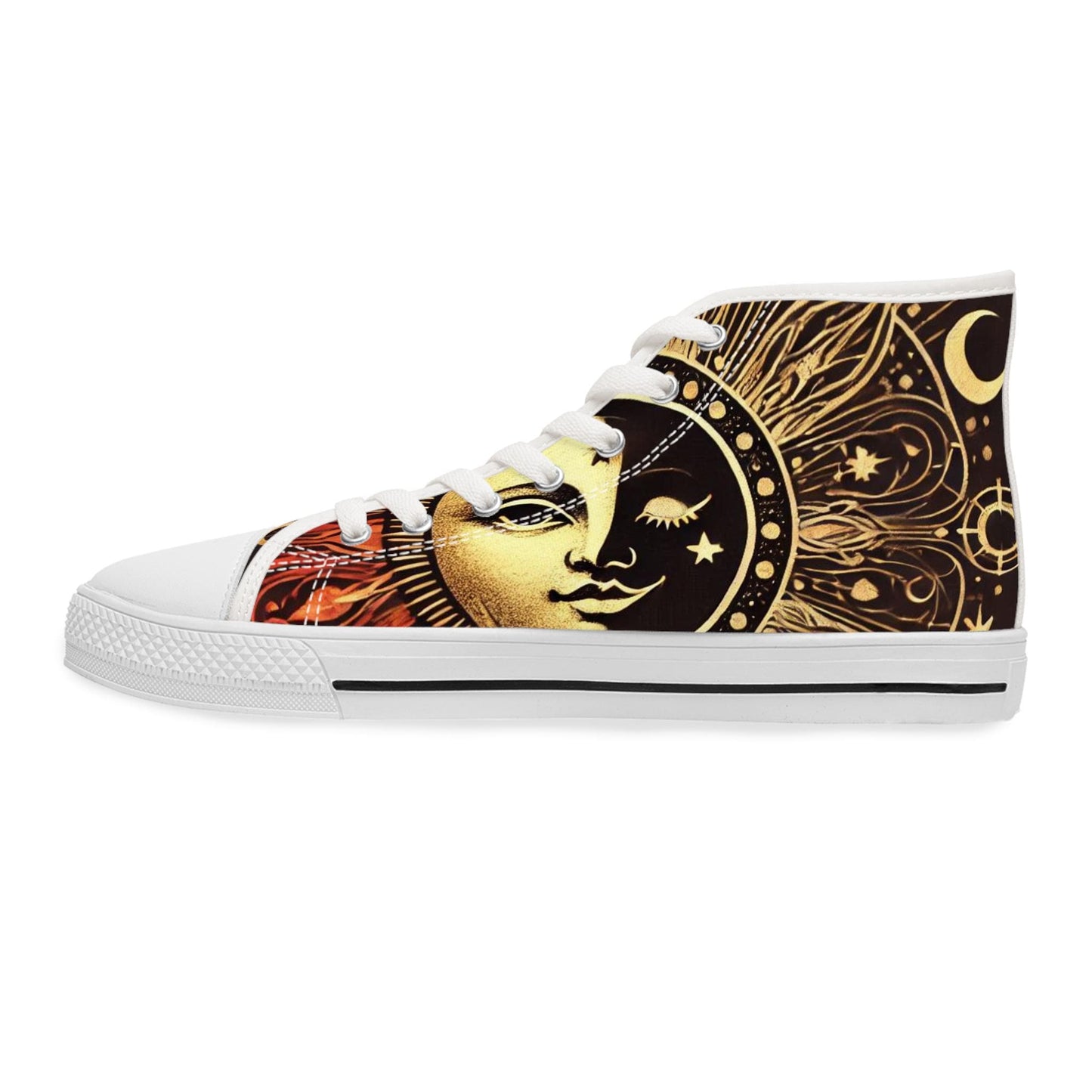 High Top Sneakers, Sun and Moon Mystical Design, Celestial Women's Shoes, Lunar Graphic Sneaker, Cosmic Fashion Footwear