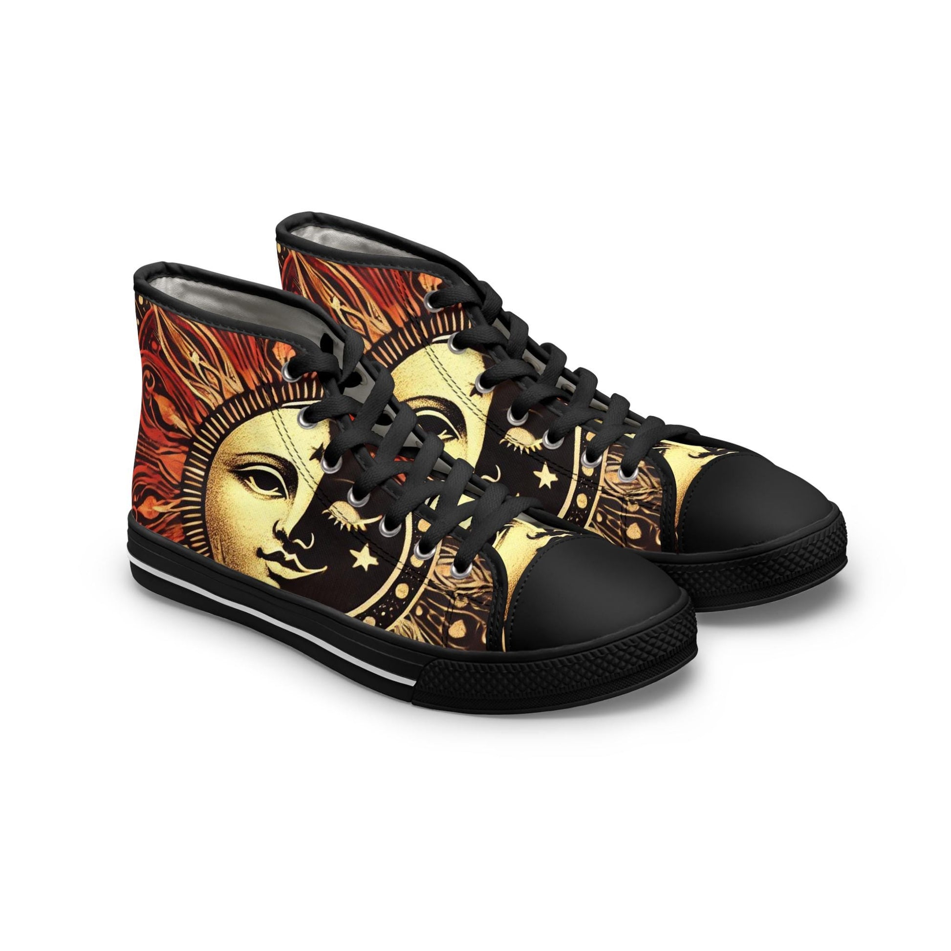 High Top Sneakers, Sun and Moon Mystical Design, Celestial Women's Shoes, Lunar Graphic Sneaker, Cosmic Fashion Footwear