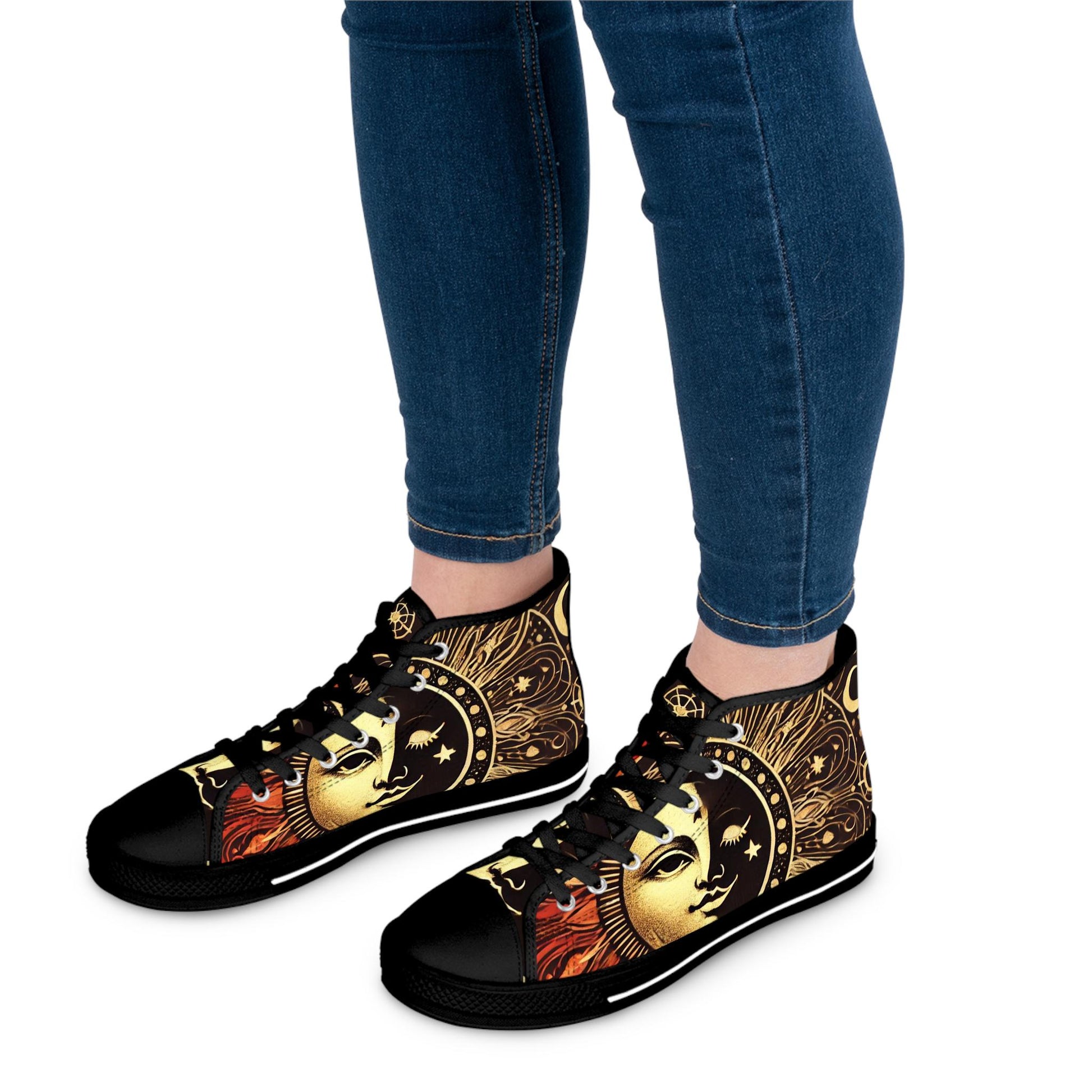 High Top Sneakers, Sun and Moon Mystical Design, Celestial Women's Shoes, Lunar Graphic Sneaker, Cosmic Fashion Footwear