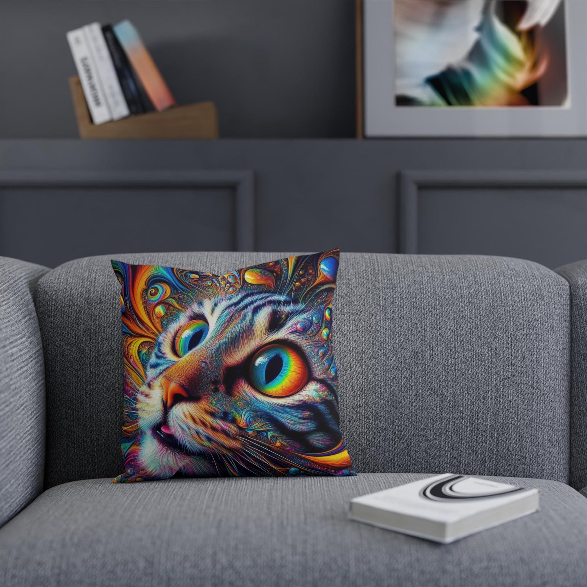 Cushion, Spacey Trippy Cat Pillow, Psychedelic Cat Decor, Unique Cat Cushion, Colorful Cat Pillow Cover, Cat Lover Gift