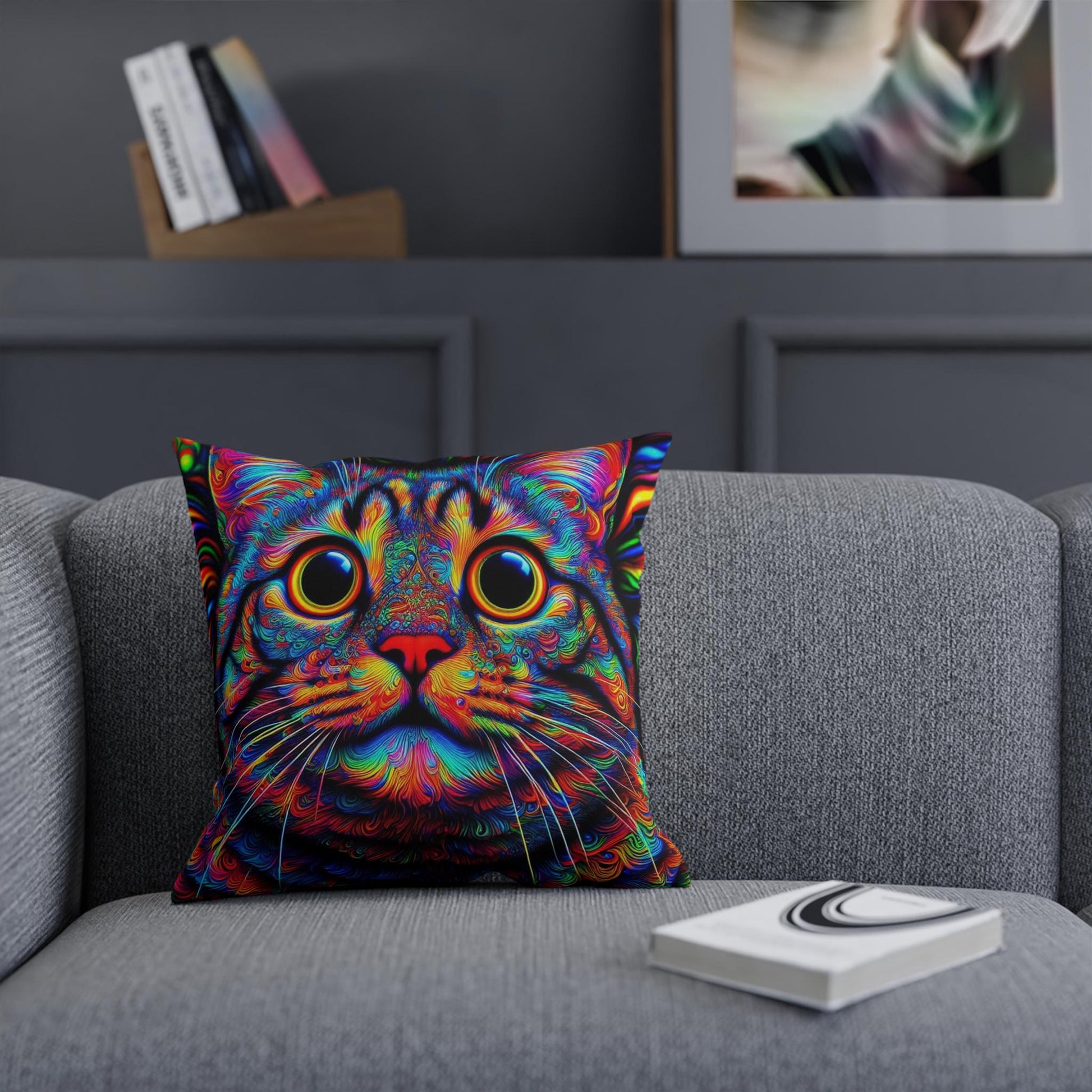 Psychedelic Cat Print Pillow, Colorful Throw Cushion, Cat Lover Decor, Boho Cat Pillow, Unique Kitty Gift