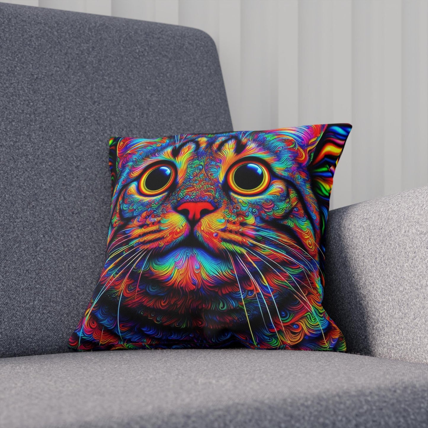 Psychedelic Cat Print Pillow, Colorful Throw Cushion, Cat Lover Decor, Boho Cat Pillow, Unique Kitty Gift