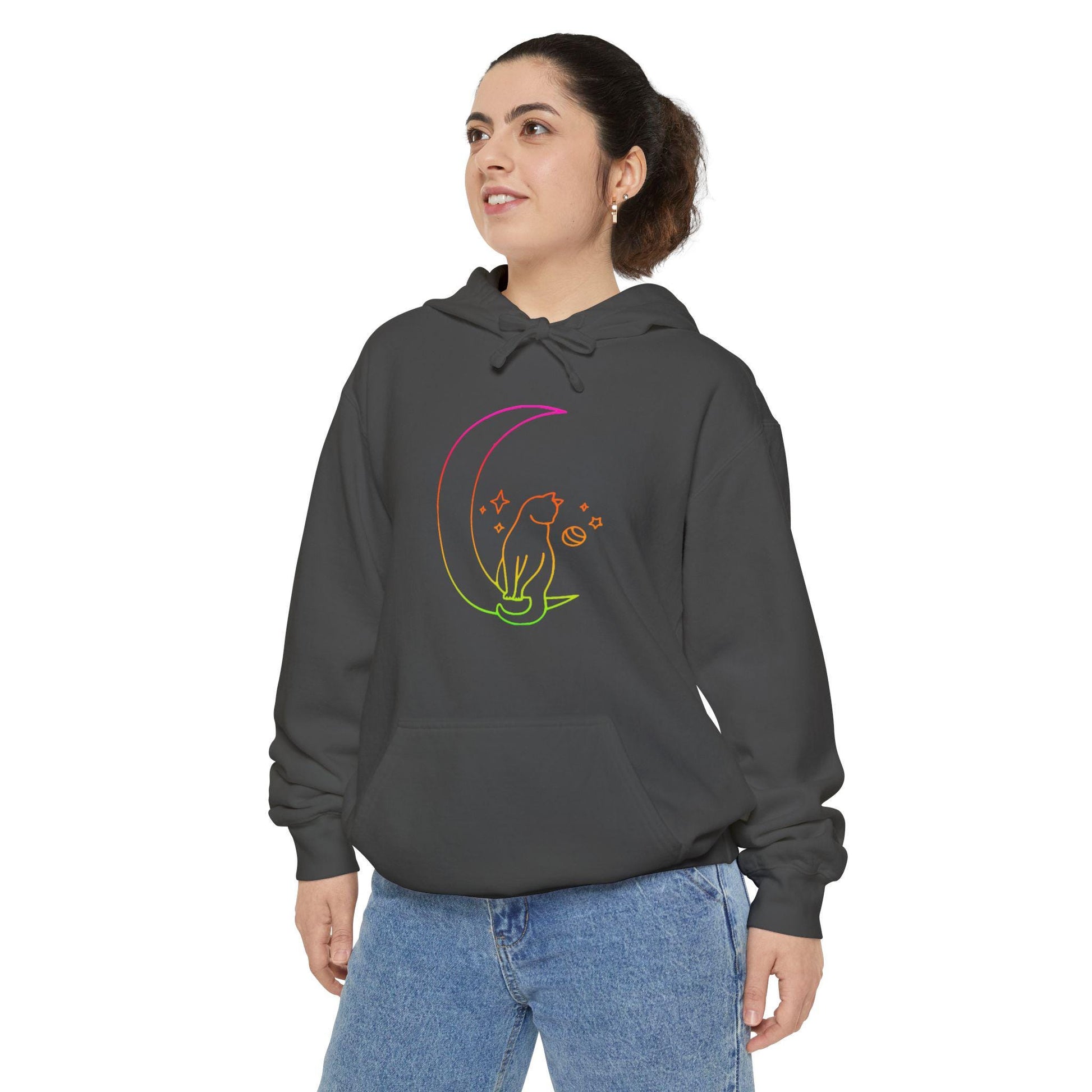 Rainbow Moon Cat Hoodie, Colorful Space Kitten Sweatshirt, Cat Lover Gift, Celestial Cat Clothing, Galaxy Pajama Top, Cosmic Feline Hoodie