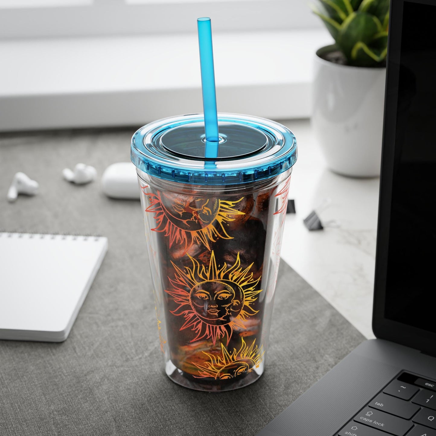 Sun and Moon Design - Travel Cup, Reusable Water Bottle, Eco-Friendly Mug, Gift for Nature Lovers, BPA Free Straw Cup