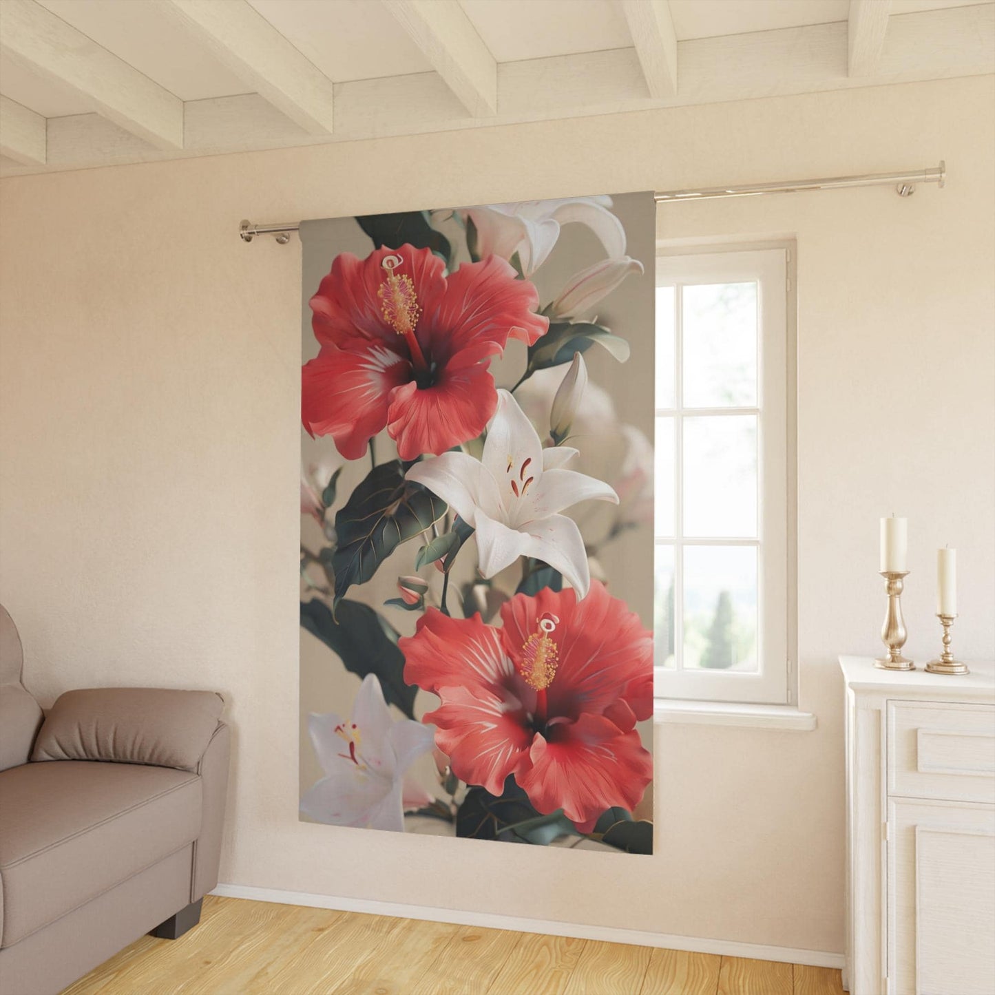 Floral Window Curtains, Lilies and Hibiscus Design, Botanical Home Decor, Garden Flower Drapes, Nature Inspired Curtain Panel, Tropical